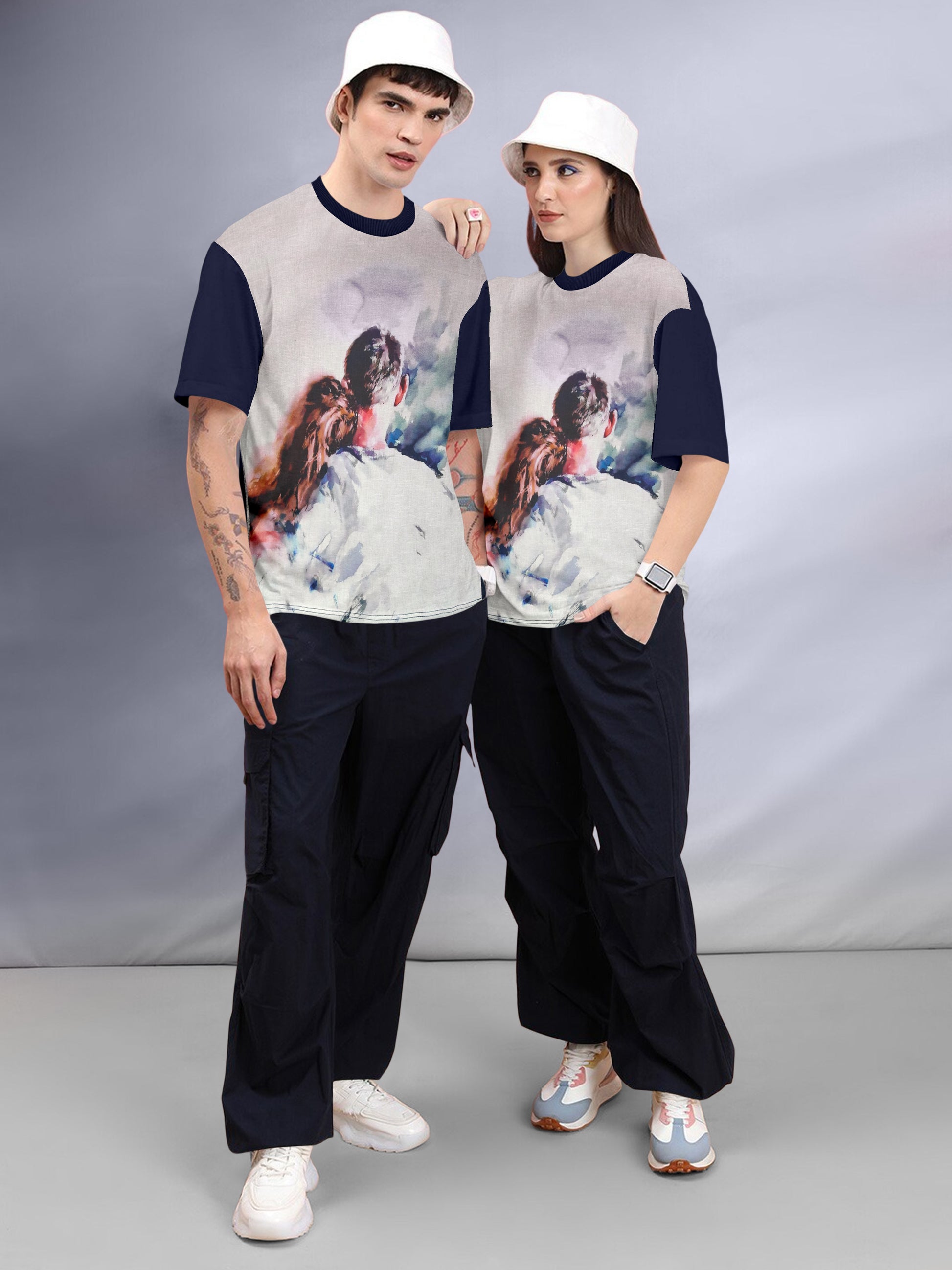 Couple Printed Oversized Linen T-Shirt