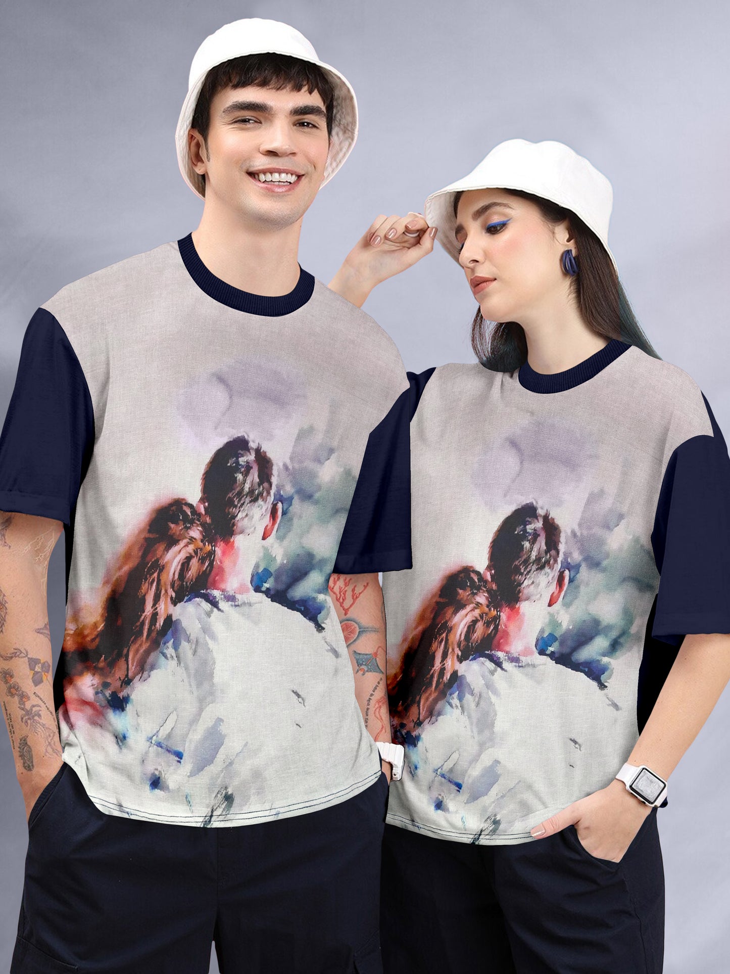 Couple Printed Oversized Linen T-Shirt