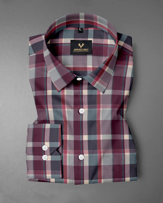 Burgundy and Gray Checkered Premium Cotton Shirt